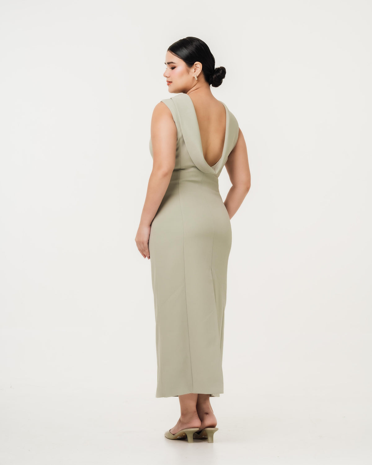  Fleur Elize Lorelei sage shawl collar dress back view refined bridesmaid event styling