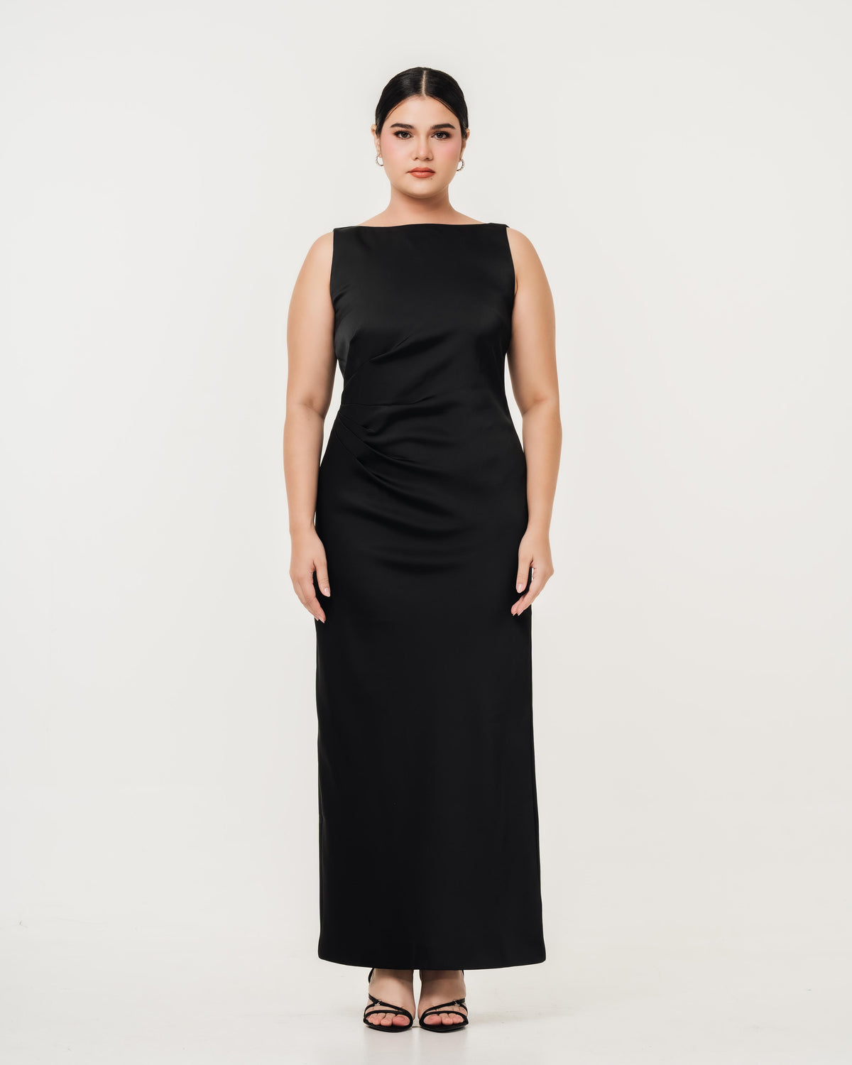 Fleur Elize Rosalind black boat neck open back dress front view elegant evening silhouette