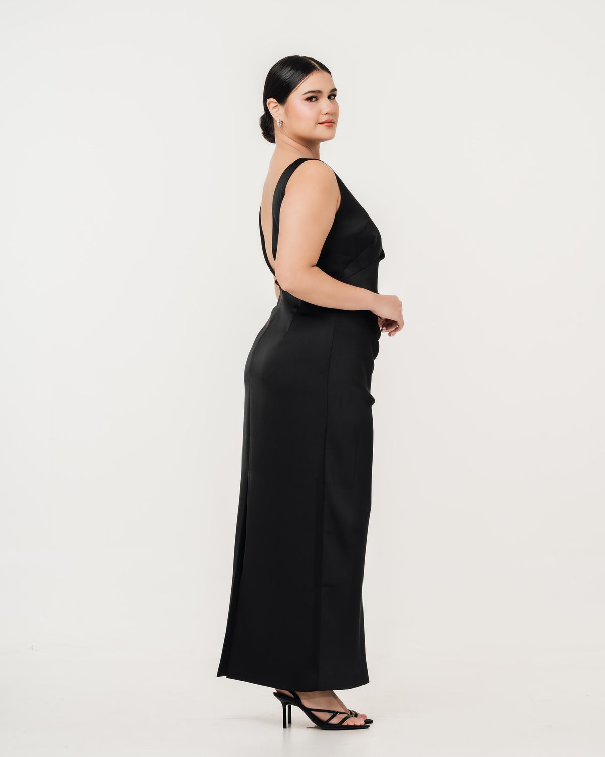 Fleur Elize Rosalind black open back dress side profile sleek cocktail party silhouette