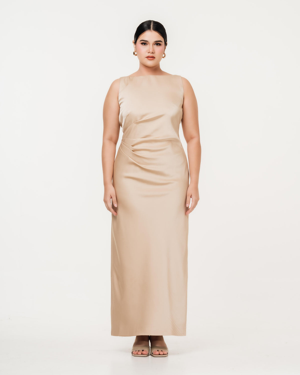 Fleur Elize Rosalind champagne boat neck open back dress front view elegant evening silhouette