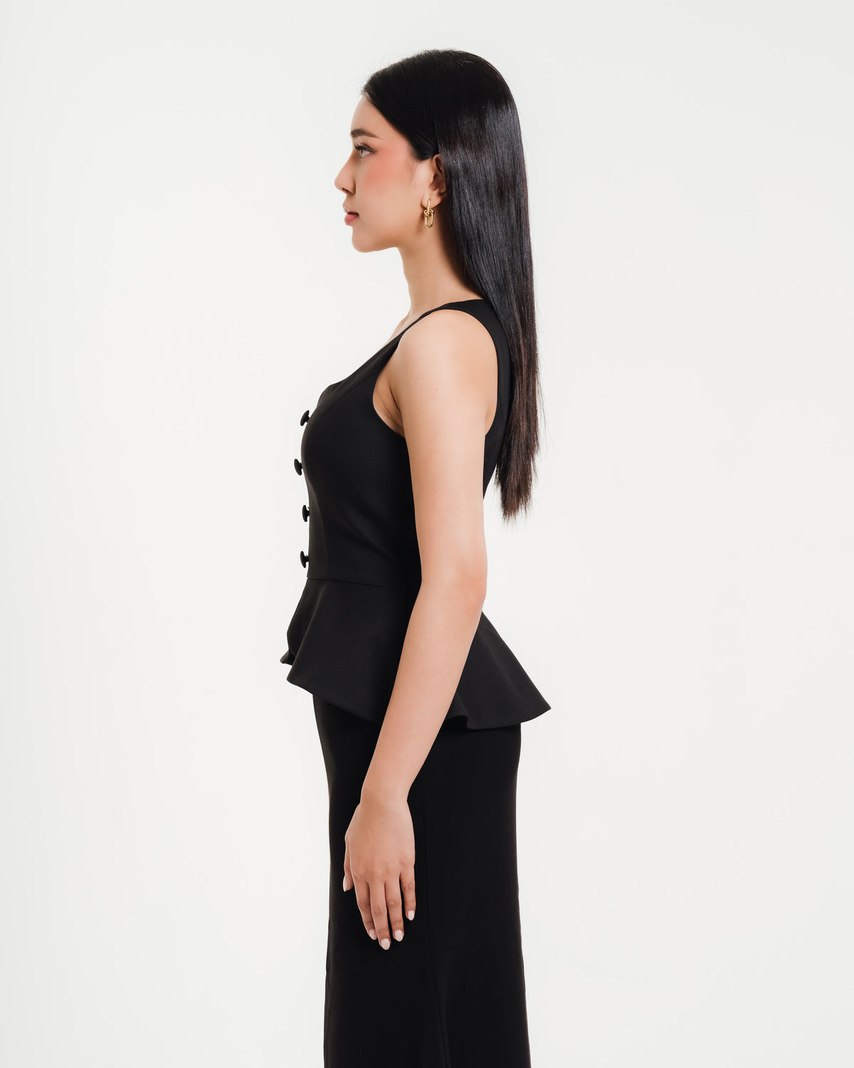 Fleur Elize Meredith black top side profile sleek cocktail party sophistication