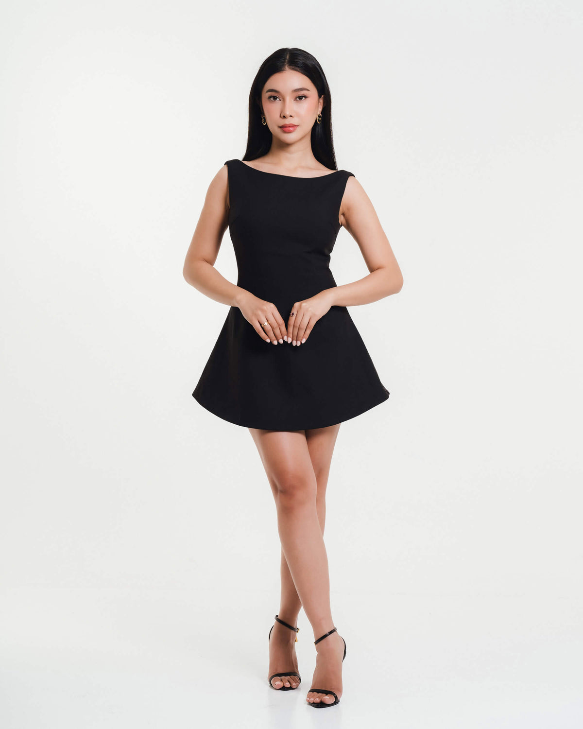 Fleur Elize Elisa black boat neck mini dress front view elegant date night silhouette