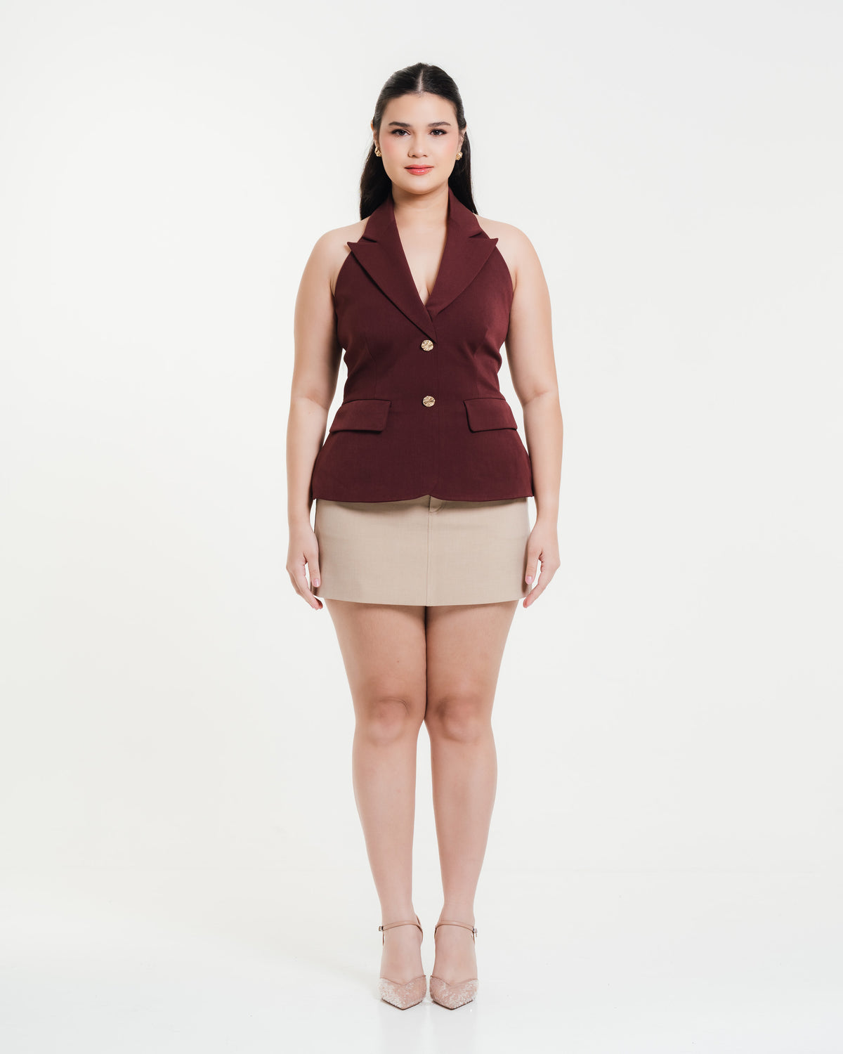 Fleur Elize Sienna beige classic mini skirt front view elegant casual chic silhouette