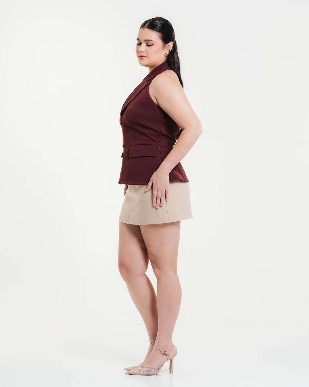 Fleur Elize Sienna beige mini skirt side profile sleek everyday sophistication