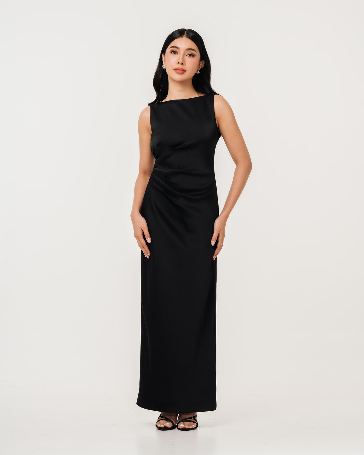  Fleur Elize Rosalind black boat neck open back dress front view elegant evening silhouette