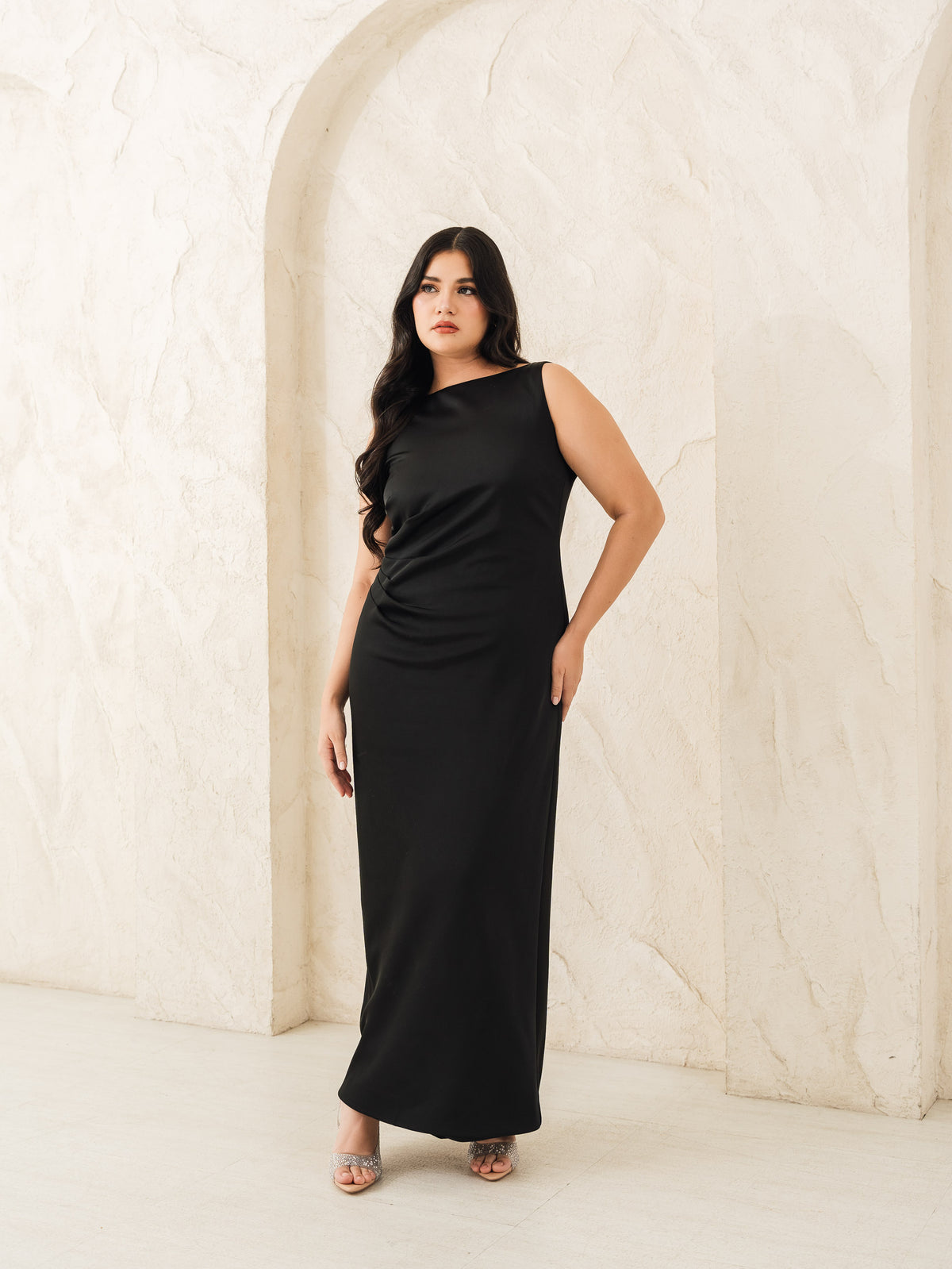  Fleur Elize Rosalind black boat neck open back dress front view elegant evening silhouette