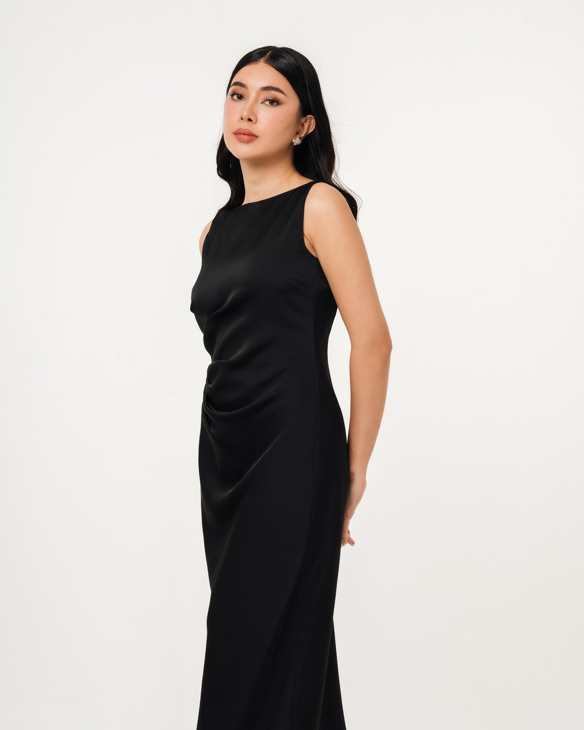  Fleur Elize Rosalind black open back dress side profile sleek cocktail party silhouette