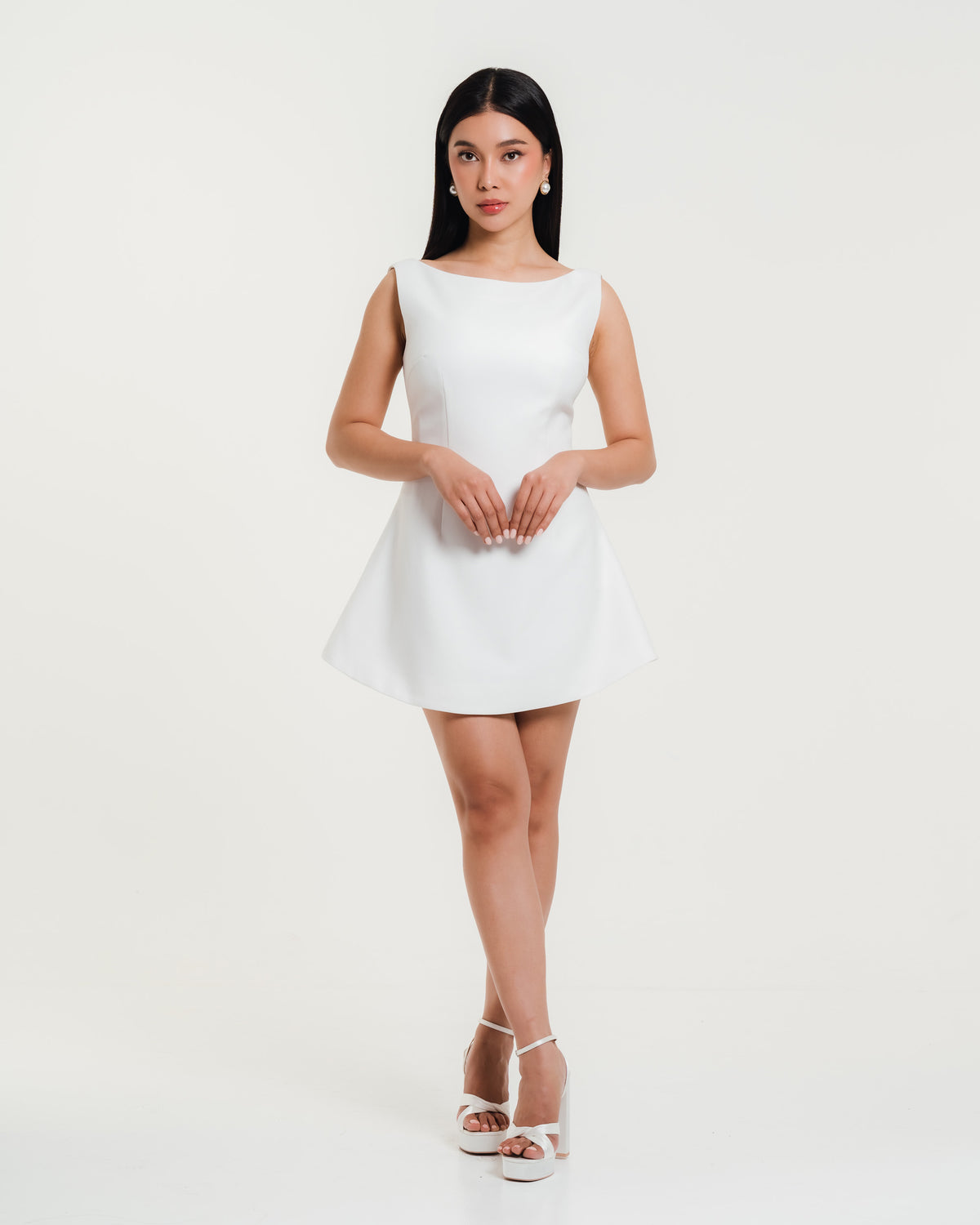 Fleur Elize Elisa white boat neck mini dress front view elegant bridal shower silhouette