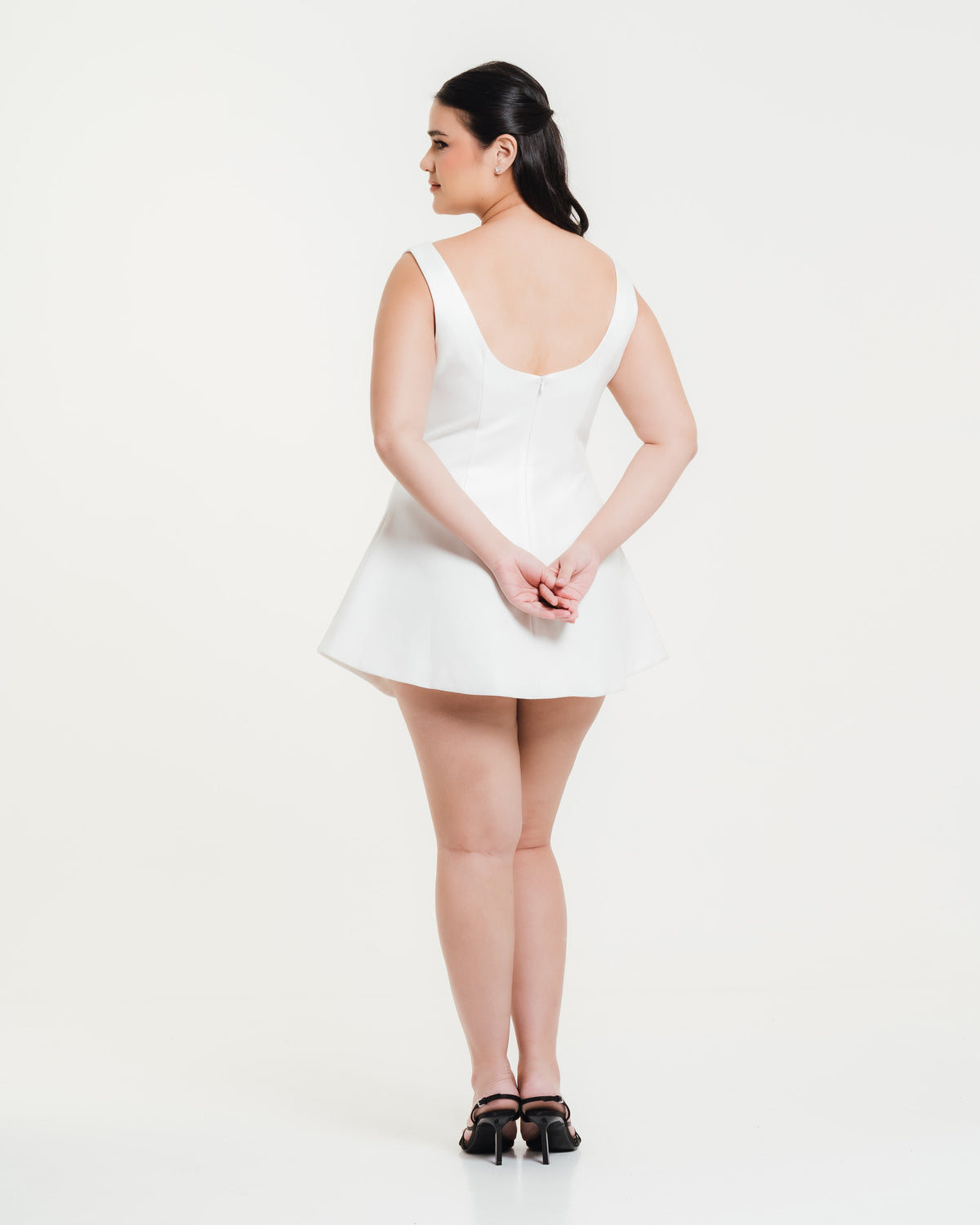 Fleur Elize Elisa white boat neck mini dress back view refined engagement party styling
