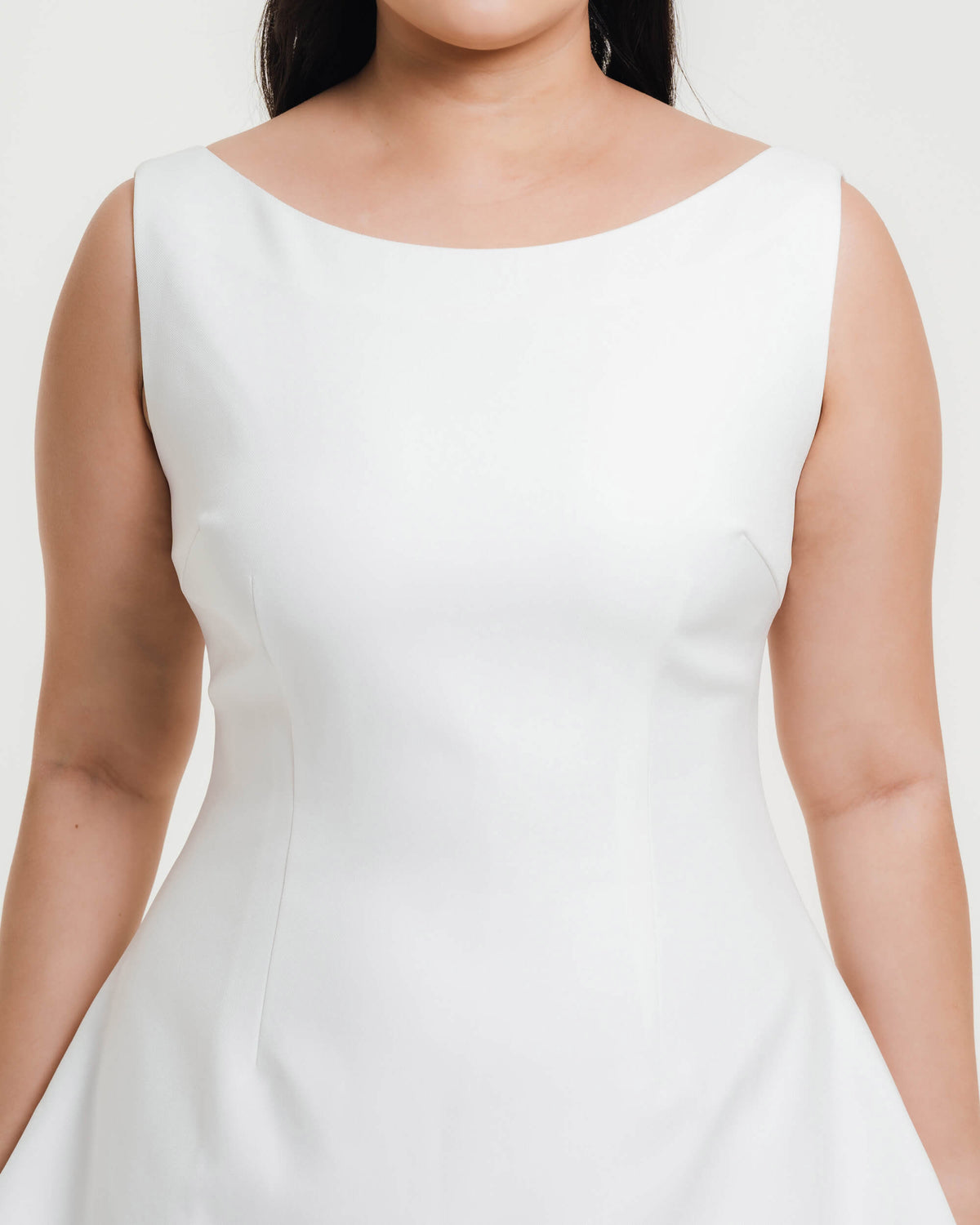 Fleur Elize Elisa white boat neck mini dress front view elegant bridal shower silhouette